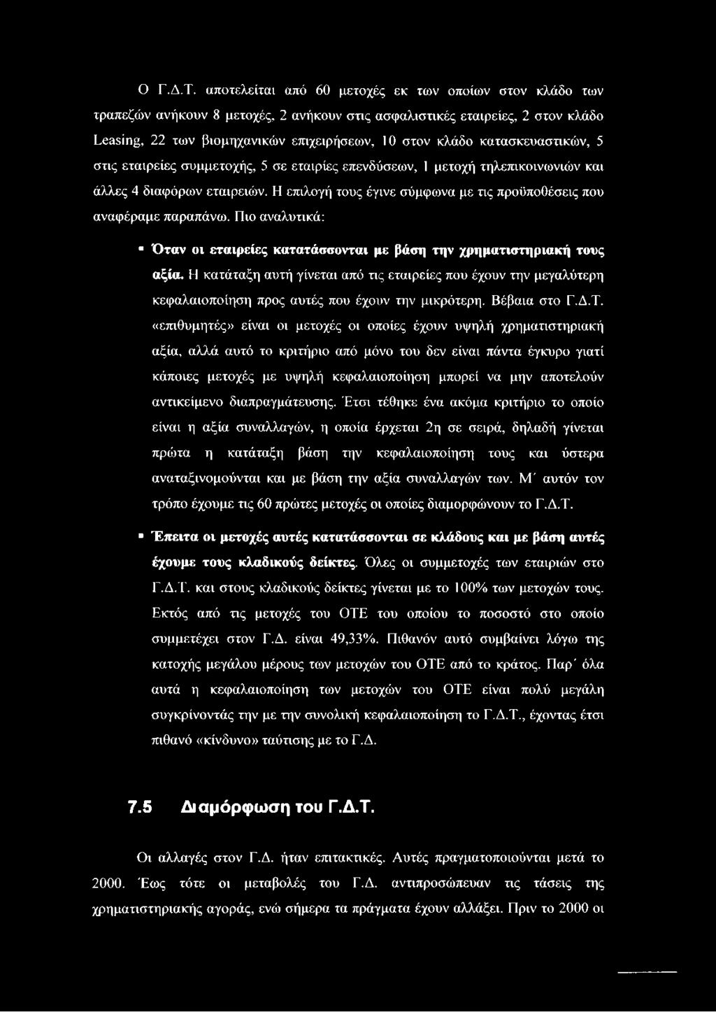 κατασκευαστικών, 5 στις εταιρείες συμμετοχής, 5 σε εταιρίες επενδύσεων, 1 μετοχή τηλεπικοινωνιών και άλλες 4 διαφόρων εταιρειών.