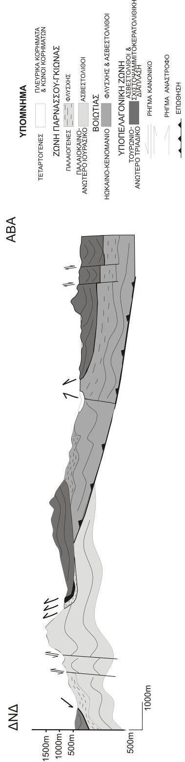 30: Απλοποιημένη γενική γεωλογική τομή της περιοχής μελέτης, ΝΔκης ΒΑκης διεύθυνσης, (τομή 1 του σχήματος 5.29).