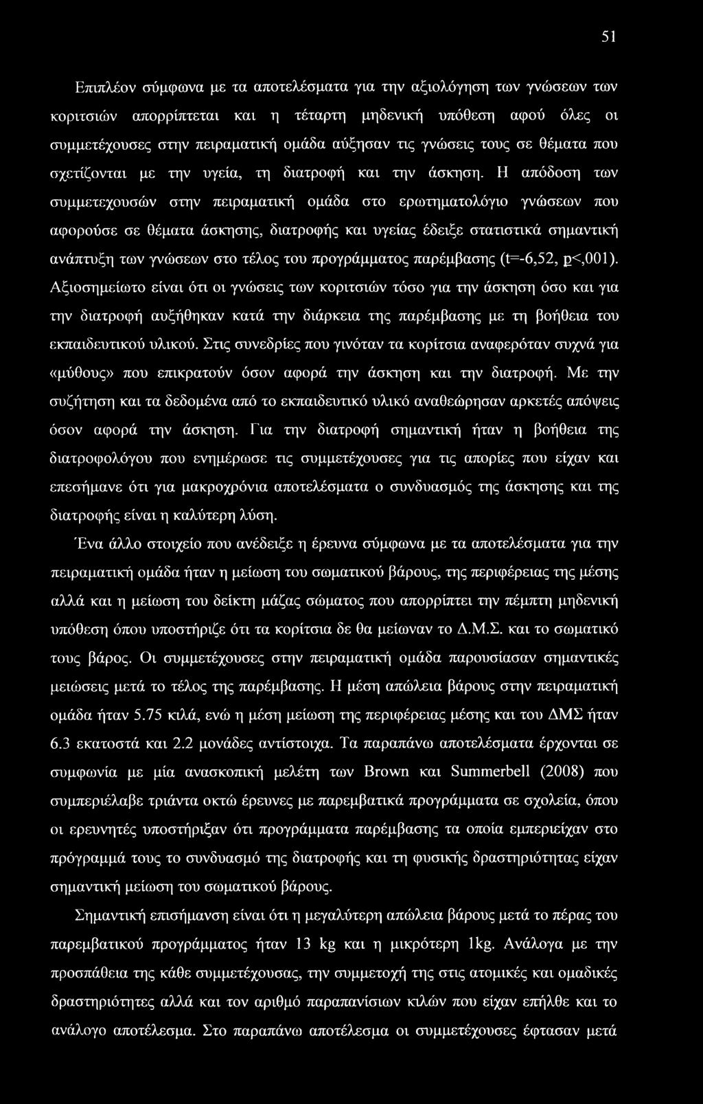 Η απόδοση των συμμετεχουσών στην πειραματική ομάδα στο ερωτηματολόγιο γνώσεων που αφορούσε σε θέματα άσκησης, διατροφής και υγείας έδειξε στατιστικά σημαντική ανάπτυξη των γνώσεων στο τέλος του