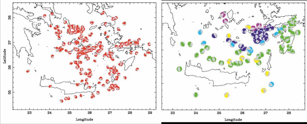 ΖΩΝΗ ΚΑΤΑΔΥΣΗΣ ΤΟΥ Ν. ΑΙΓΑΙΟΥ-ΑΝΕΛΑΣΤΙΚΗ ΑΠΟΣΒΕΣΗ Σχήμα 1.18 Κατανομή των μηχανισμών γένεσης που υπολογίστηκαν με τη μέθοδο των πρώτων αφίξεων. Αριστερά : Επιφανειακοί σεισμοί (<20km).