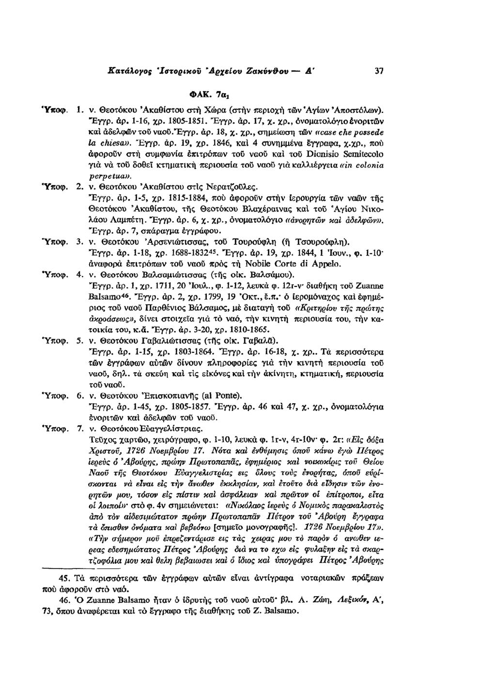 ΦΑΚ. 7α1 1. ν. Θεοτόκου Ακαθίστου στη Χώρα (στην περιοχή των Αγίων Αποστόλων). Έγγρ. αρ. 1-16, χρ. 1805-1851. Έγγρ. αρ. 17, χ. χρ., ονοματολόγιο ενοριτών και αδελφών του ναού. Έγγρ. αρ. 18, χ. χρ., σημείωση των «case che possedè la chiesa».