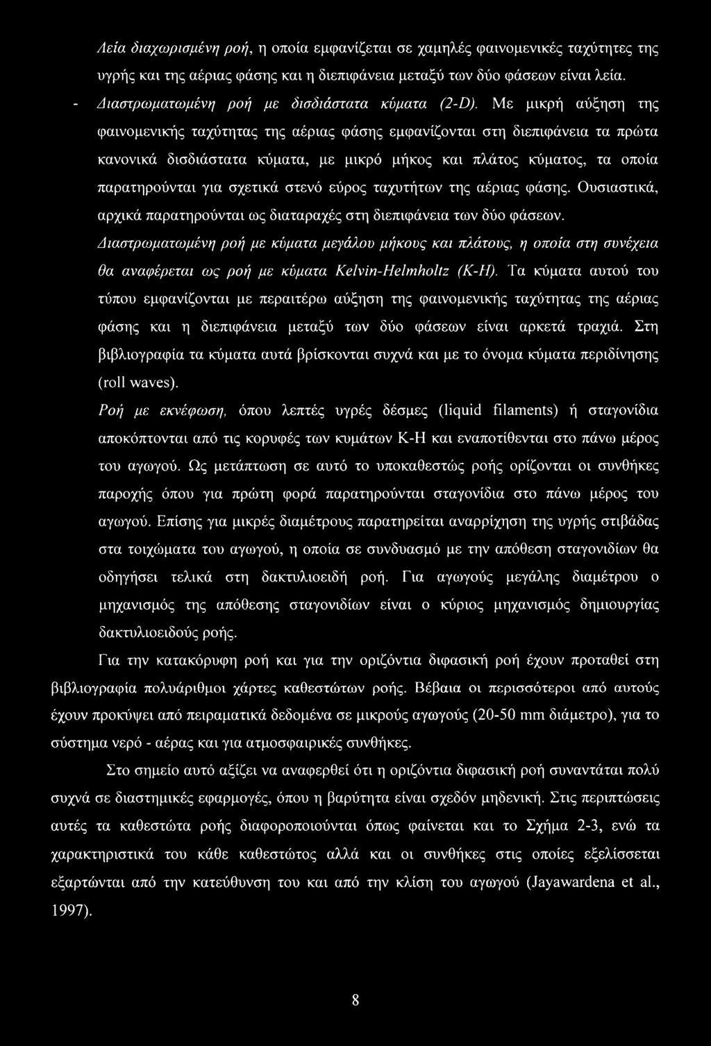 Με μικρή αύξηση της φαινομενικής ταχύτητας της αέριας φάσης εμφανίζονται στη διεπιφάνεια τα πρώτα κανονικά δισδιάστατα κύματα, με μικρό μήκος και πλάτος κύματος, τα οποία παρατηρούνται για σχετικά