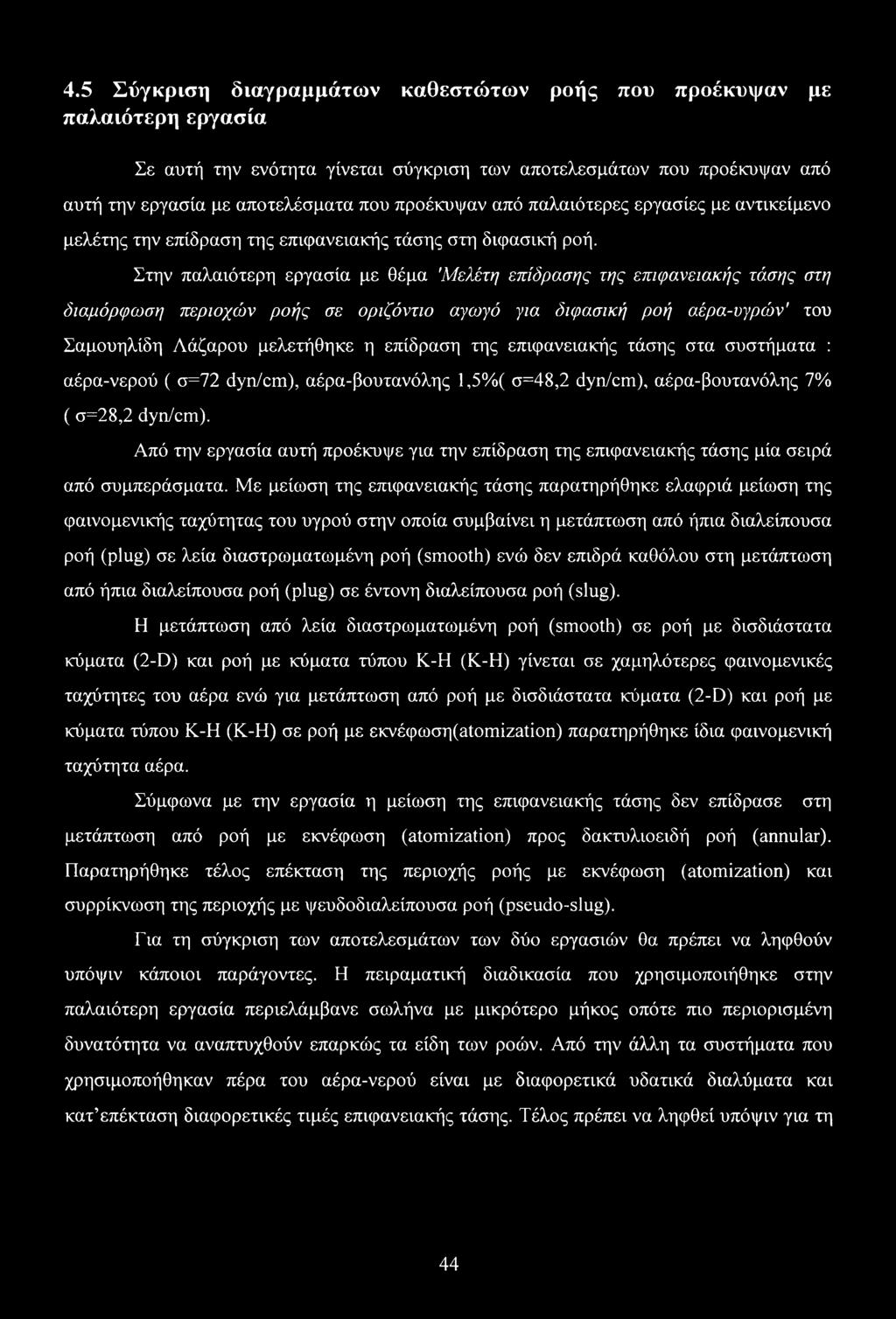 Στην παλαιότερη εργασία με θέμα 'Μελέτη επίδρασης της επιφανειακής τάσης στη διαμόρφωση περιοχών ροής σε οριζόντιο αγωγό για διφασική ροή αέρα-υγρών' του Σαμουηλίδη Λάζαρου μελετήθηκε η επίδραση της