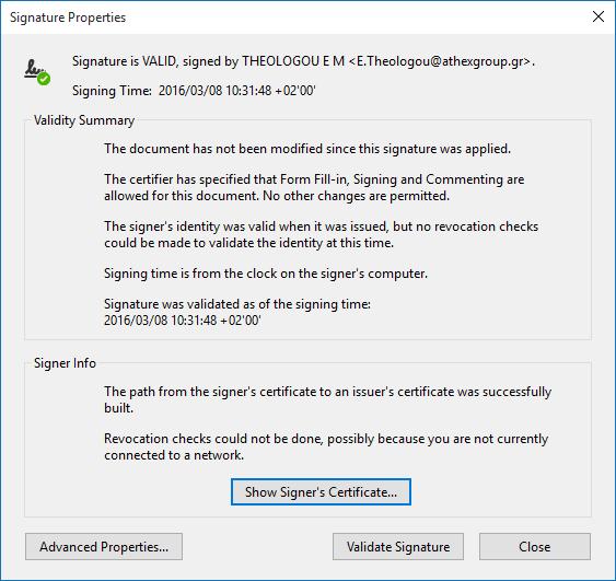 8. Η επόμενη οθόνη εμφανίζεται και η υπογραφή έχει γίνει validate. 9. Επιλέξτε Close.