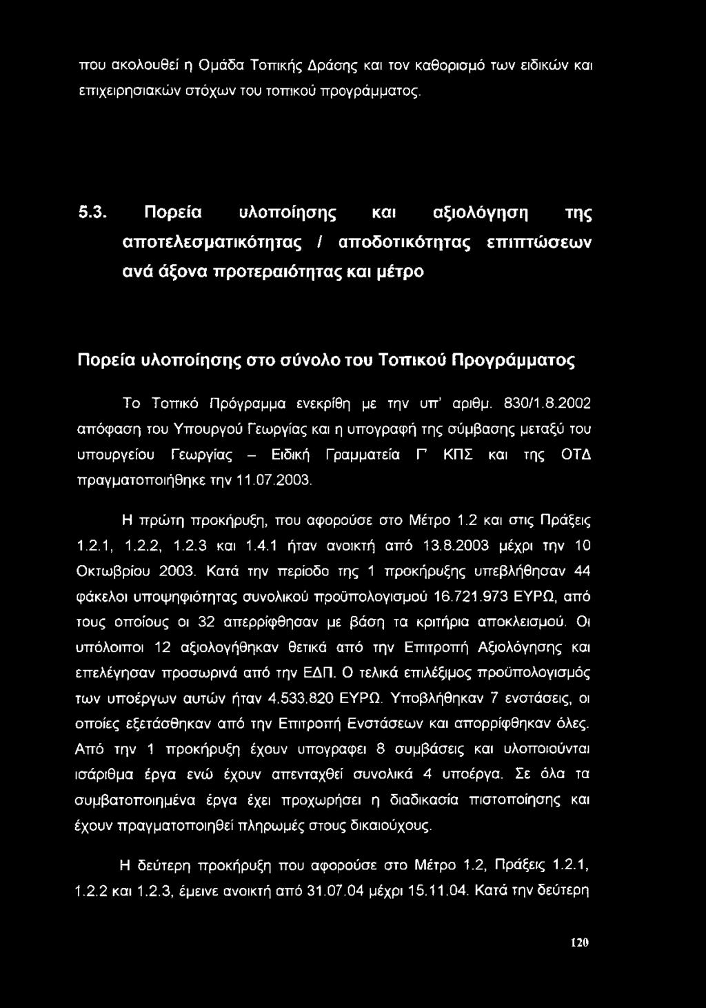ενεκρίθη με την υπ αριθμ. 830/1.8.2002 απόφαση του Υπουργού Γεωργίας και η υπογραφή της σύμβασης μεταξύ του υπουργείου Γεωργίας - Ειδική Γραμματεία Γ ΚΠΣ και της ΟΤΔ πραγματοποιήθηκε την 11.07.2003.