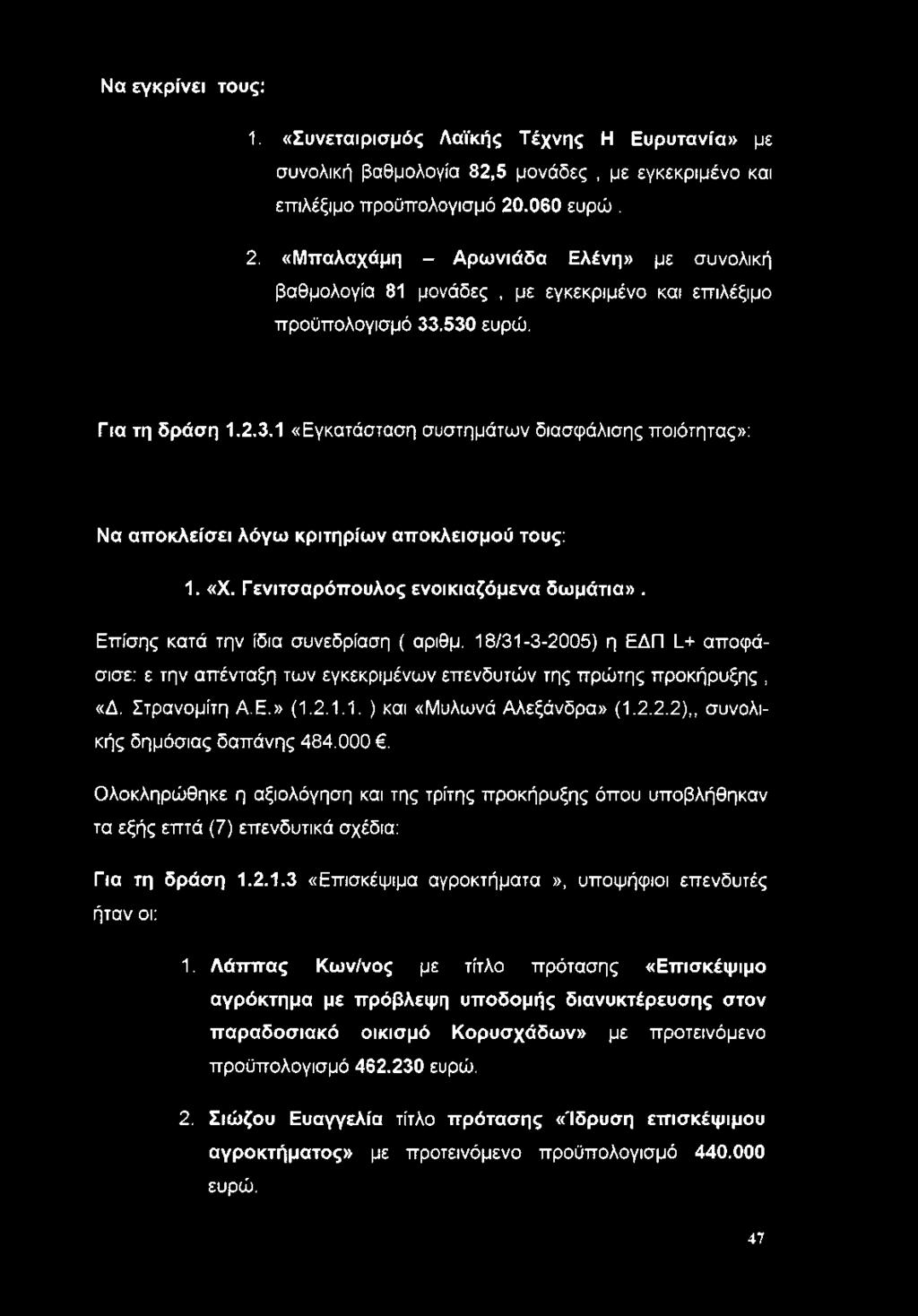 .530 ευρώ. Για τη δράση 1.2.3.1 «Εγκατάσταση συστημάτων διασφάλισης ποιότητας»: Να αποκλείσει λόγω κριτηρίων αποκλεισμού τους: 1. «X. Γενιτσαρόπουλος ενοικιαζόμενα δωμάτια».