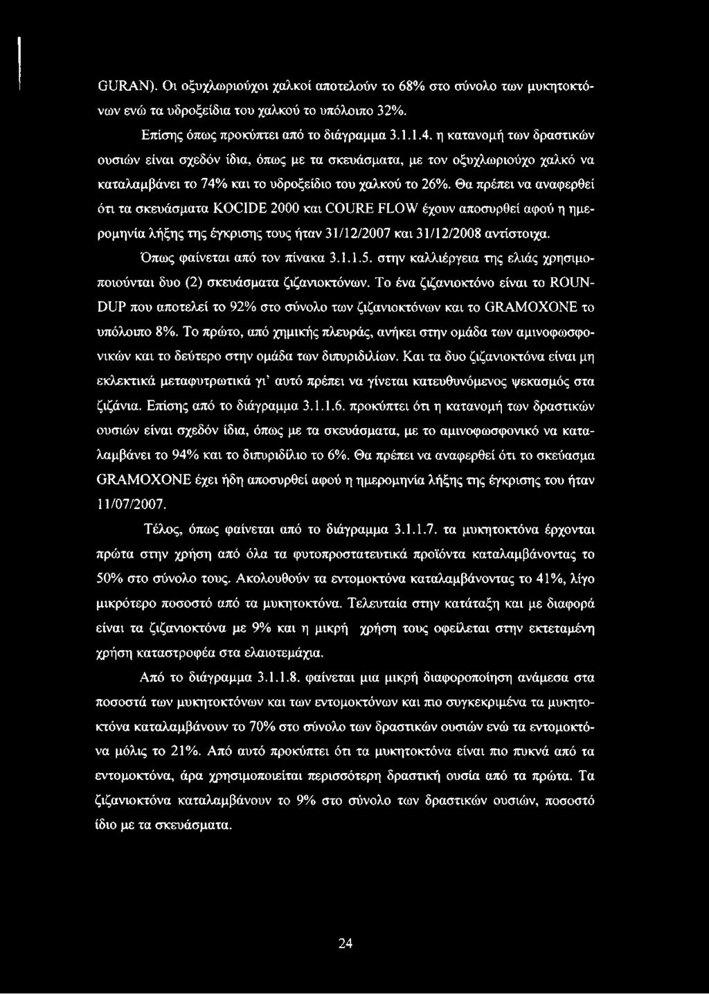 Θα πρέπει να αναφερθεί ότι τα σκευάσματα KOCIDE 2000 και COURE FLOW έχουν αποσυρθεί αφού η ημερομηνία λήξης της έγκρισης τους ήταν 31/12/2007 και 31/12/2008 αντίστοιχα. Όπως φαίνεται από τον πίνακα 3.