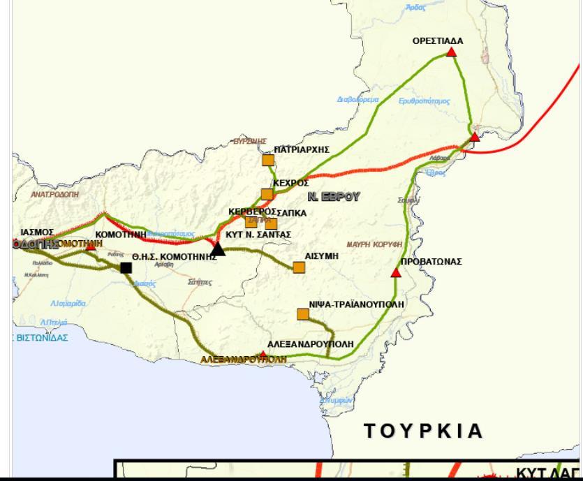 Εικόνα 57: Χάρτης του δικτύου στην περιοχή της Θράκης Όπως γίνεται φανερό και από τον χάρτη στην περιοχή υπάρχουν αρκετοί σταθμοί παραγωγής ηλεκτρικής ενέργειας