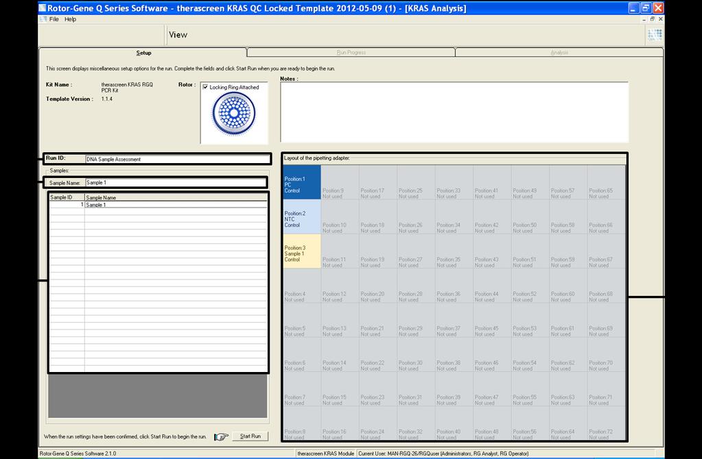 "Layout of the pipetting adapter" (Διάταξη προσαρμογέα διοχέτευσης με πιπέτα). Εικόνα 3. Συμπλήρωση των πεδίων "Run ID" (Αναγνωριστικό εκτέλεσης ανάλυσης) και "Sample Name" (Όνομα δείγματος). 17.