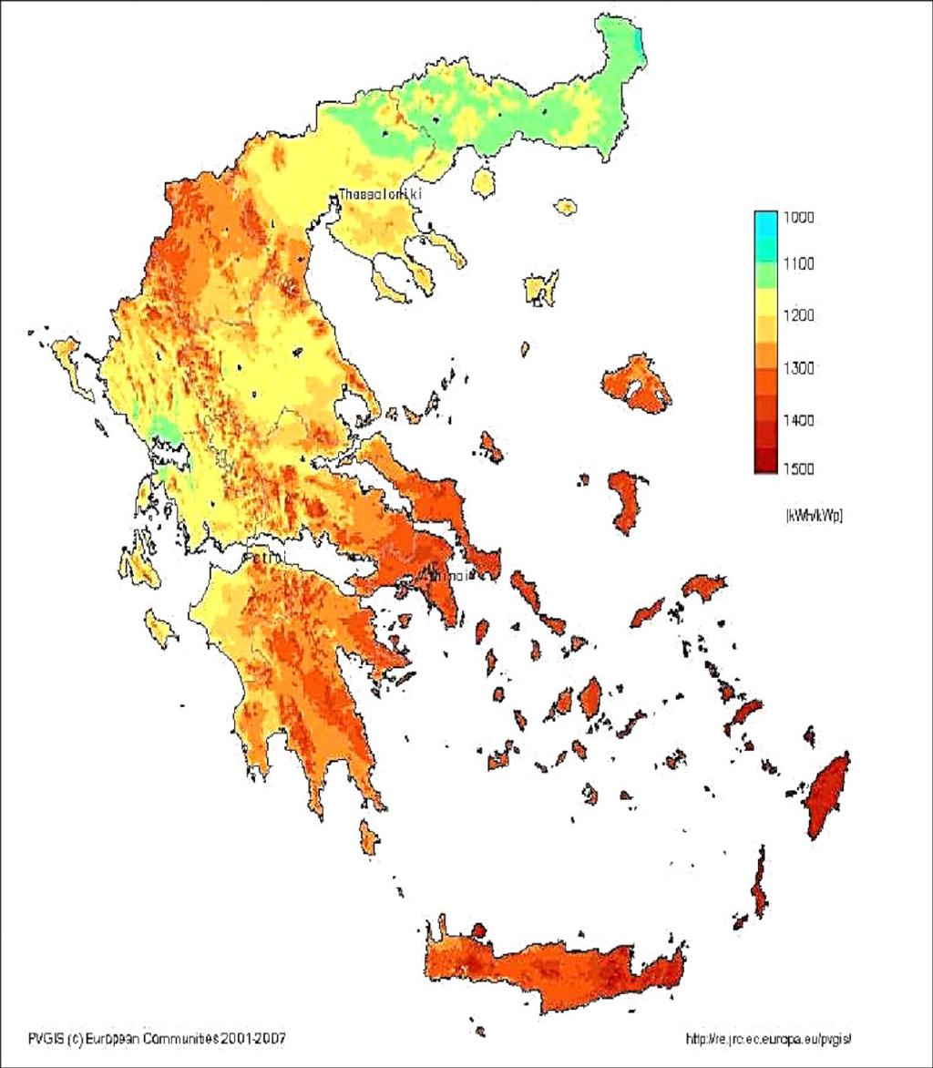 Εικόνα 33 ''Παραγωγή ενέργειας (kwhr/έτος/kwp) για τις διάφορες περιοχές της Ελλάδας (http://re.jrc.ec.europa.eu/pvgis/), n.d.