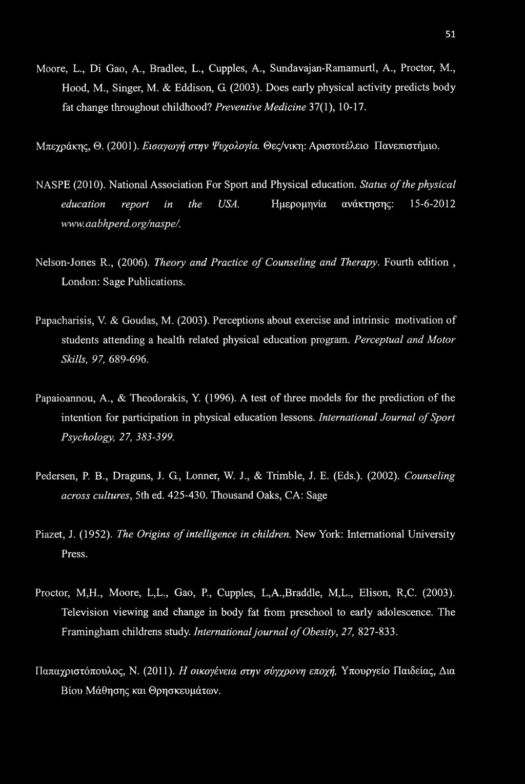 NASPE (2010). National Association For Sport and Physical education. Status of the physical education report in the USA. Ημερομηνία ανάκτησης: 15-6-2012 www. aabhperd. org/naspe/. Nelson-Jones R.