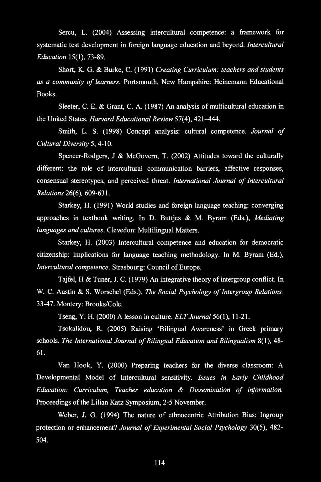 (1987) An analysis of multicultural education in the United States. Harvard Educational Review 57(4), 421-444. Smith, L. S. (1998) Concept analysis: cultural competence.