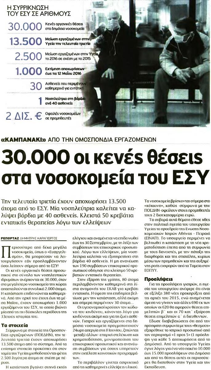 6. 30.000 ΟΙ ΚΕΝΕΣ ΘΕΣΕΙΣ ΣΤΑ ΝΟΣΟΚΟΜΕΙΑ ΤΟΥ ΕΣΥ Μέσο:.........ΕΘΝΟΣ Σελίδα:........ 28 Η ΣΥΡΡΙΚΝΩΣΗ ΤΟΥ ΕΣΥ ΣΕ ΑΡΙΘΜΟΥΣ *5 Γ\ Γ\ /"\ /"\ Κενές οργανικές θέσεις Ο \J.