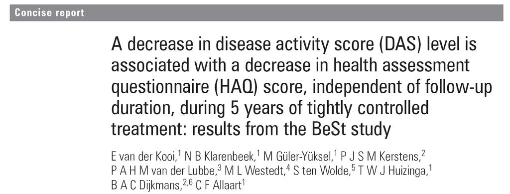 Σε 5ετή παρακολούθηση ασθενών με πρώιμη ΡΑ η μείωση του DAS σχετιζόταν με καλύτερη λειτουργική ικανότητα Η βελτίωση στο δείκτη HAQ
