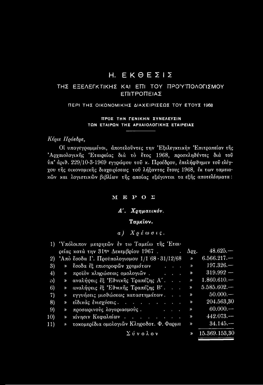 Προϋπολογισμού 1/1 '68-31/12/68 3)» έσοδα έξ επιστροφών χρημάτων 4)» προϊόν κληρώσεως ομολογιών.