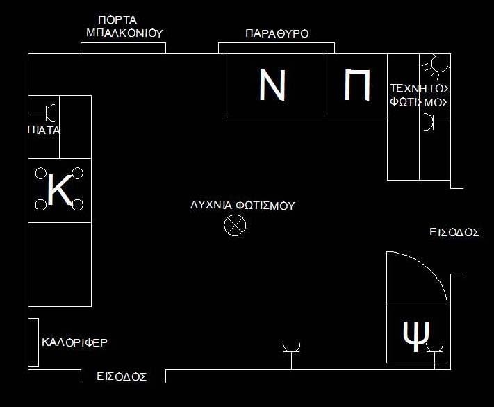 4. Περίπτωση Β Κουζίνα διαμερίσματος 55 τ.μ. στο Παλαιό Ψυχικό 4.. Σχέδιο κάτοψης κουζίνας Το σχέδιο κάτοψης της κουζίνας είναι το ακόλουθο: Σχήμα 4.3. Κάτοψη κουζίνας διαμερίσματος Παλαιού Ψυχικού.