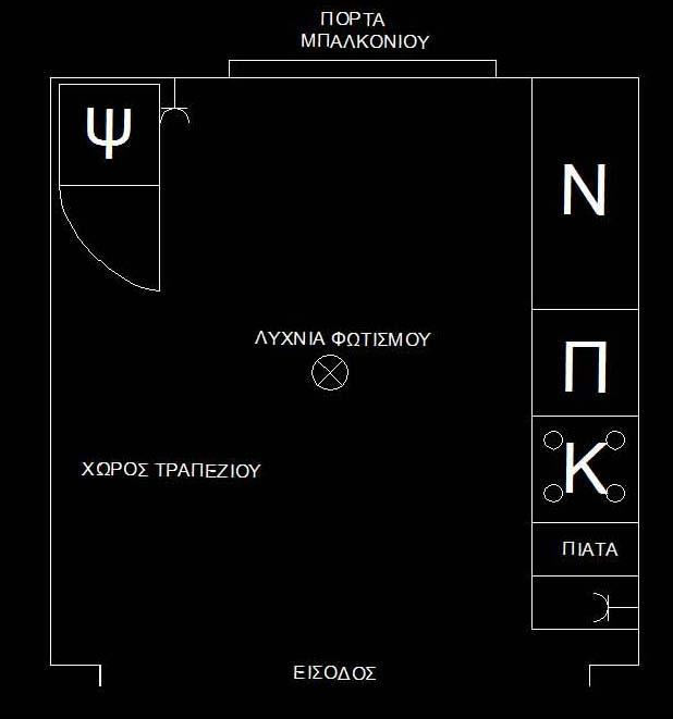 4.4 Περίπτωση Δ Κουζίνα διαμερίσματος 83 τ.μ. στο Πολύγωνο 4.4. Σχέδιο κάτοψης κουζίνας Το σχέδιο κάτοψης της κουζίνας είναι το ακόλουθο: Σχήμα 4.7. Κάτοψη κουζίνας διαμερίσματος Πολυγώνου.