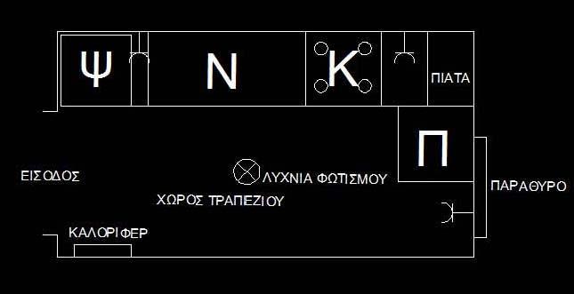 4.5 Περίπτωση Ε Κουζίνα διαμερίσματος 45 τ.μ. στο Βύρωνα 4.5. Σχέδιο κάτοψης κουζίνας Το σχέδιο κάτοψης της κουζίνας είναι το ακόλουθο: Σχήμα 4.9. Κάτοψη κουζίνας διαμερίσματος Βύρωνα.