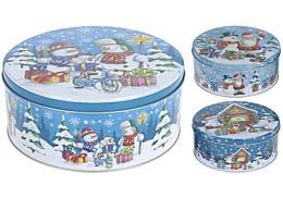 ABW000110 TIN BOX ROUND 11 X 19 CM ASSORTED CHRISTMAS DESIGN SANTA/SNOWMAN, BARCODE ON BOTTOM OF EACH PIECE, ASS.