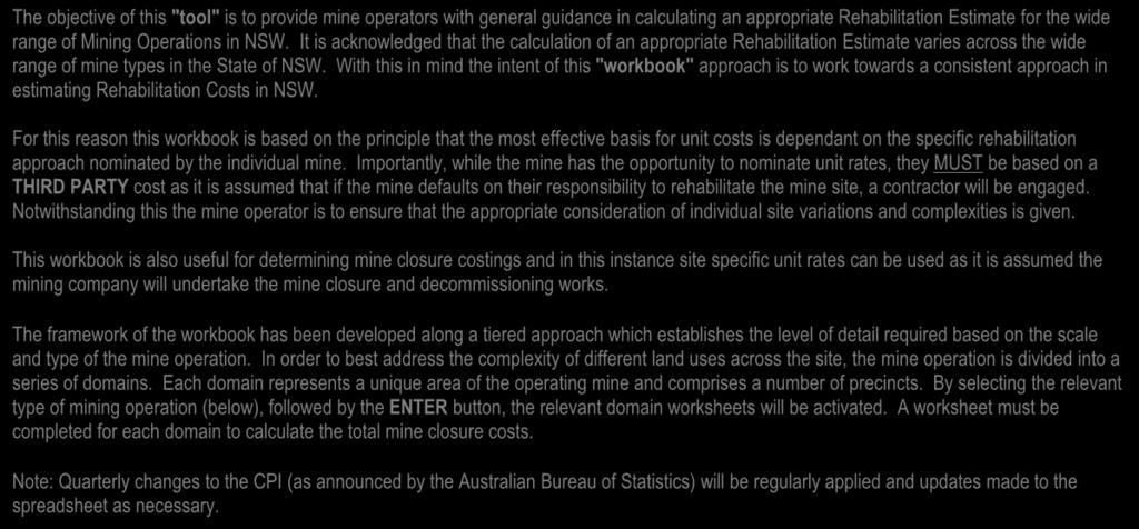 ESB26: DPI-MR Rehabilitation Cost Calculation Tool CPI values have been obtained from the Australian Bureau of Statistics The objective of this "tool" is to provide mine operators with general