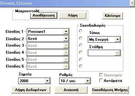 Στον πίνακα ελέγχου ρυθµίζουµε στην είσοδο 1: Pressure1 (αισθητήρας πίεσης που µετρά σε atm και όχι σε mbar). Επιλέγουµε να καταγραφούν 2000 σηµεία µε ρυθµό 10 σηµεία/sec. 4.