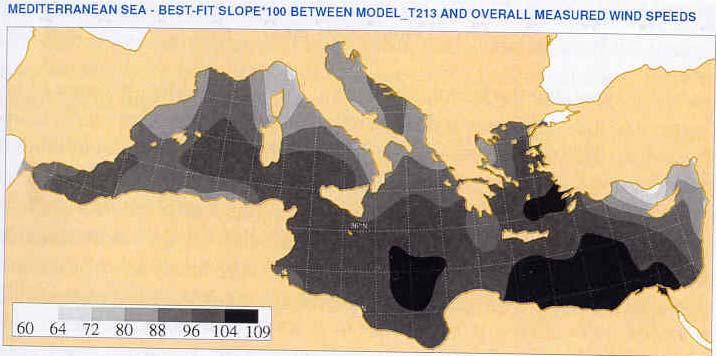 Σχήμα 3.28: Κατανομή των καλύτερων κλίσεων μεταξύ του μοντέλου και των δορυφορικών μετρήσεων για τις ταχύτητες του ανέμου. (Πηγή: Wind and Wave Atlas of Mediterranean Sea) Σχήμα 3.
