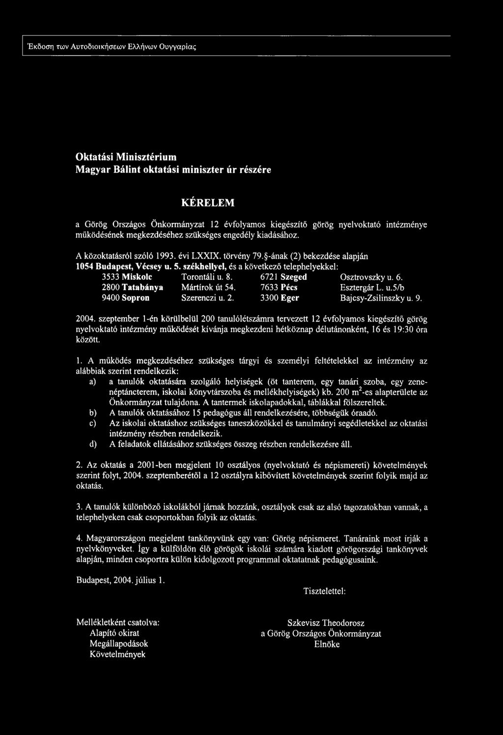 6721 Szeged Osztrovszky u. 6. 2800 Tatabánya Mártírok út 54. 7633 Pécs Esztergár L. u.5/b 9400 Sopron Szerenczi u. 2. 3300 Eger Bajcsy-Zsilinszky u. 9. 2004.