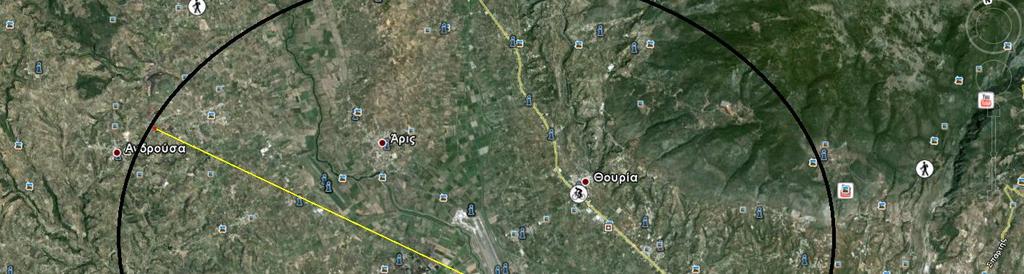 Θέση 1 (Αερολιμένας Καλαμάτα) Περιμετρικοί ζώνη 8km γύρο απο την θέση του αερολιμένα Καλαμάτας : Σχήμα 27: Περιμετρικοί