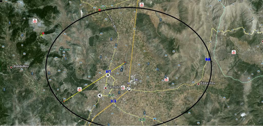 Θέση 2 (Αερολιμένας Τρίπολη) Περιμετρικοί ζώνη 8km γύρο απο την θέση του αερολιμένα Τρίπολης.