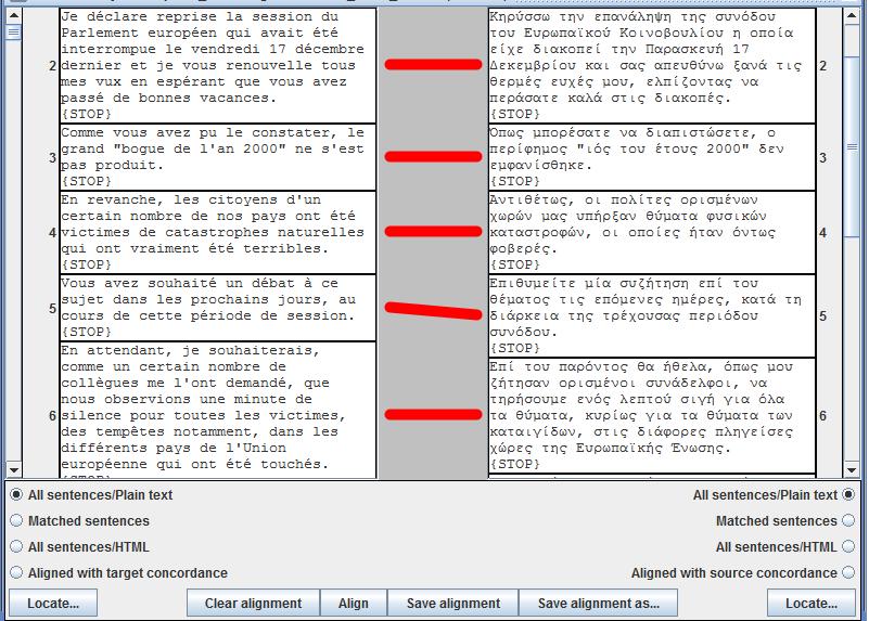 Εικόνα 65. Στιγμιότυπο οθόνης του προγράμματος XAlign του Unitex Όπως παρατηρούμε στην εικόνα, τα δύο κείμενα έχουν παραλληλοποιηθεί σε επίπεδο περιόδου.