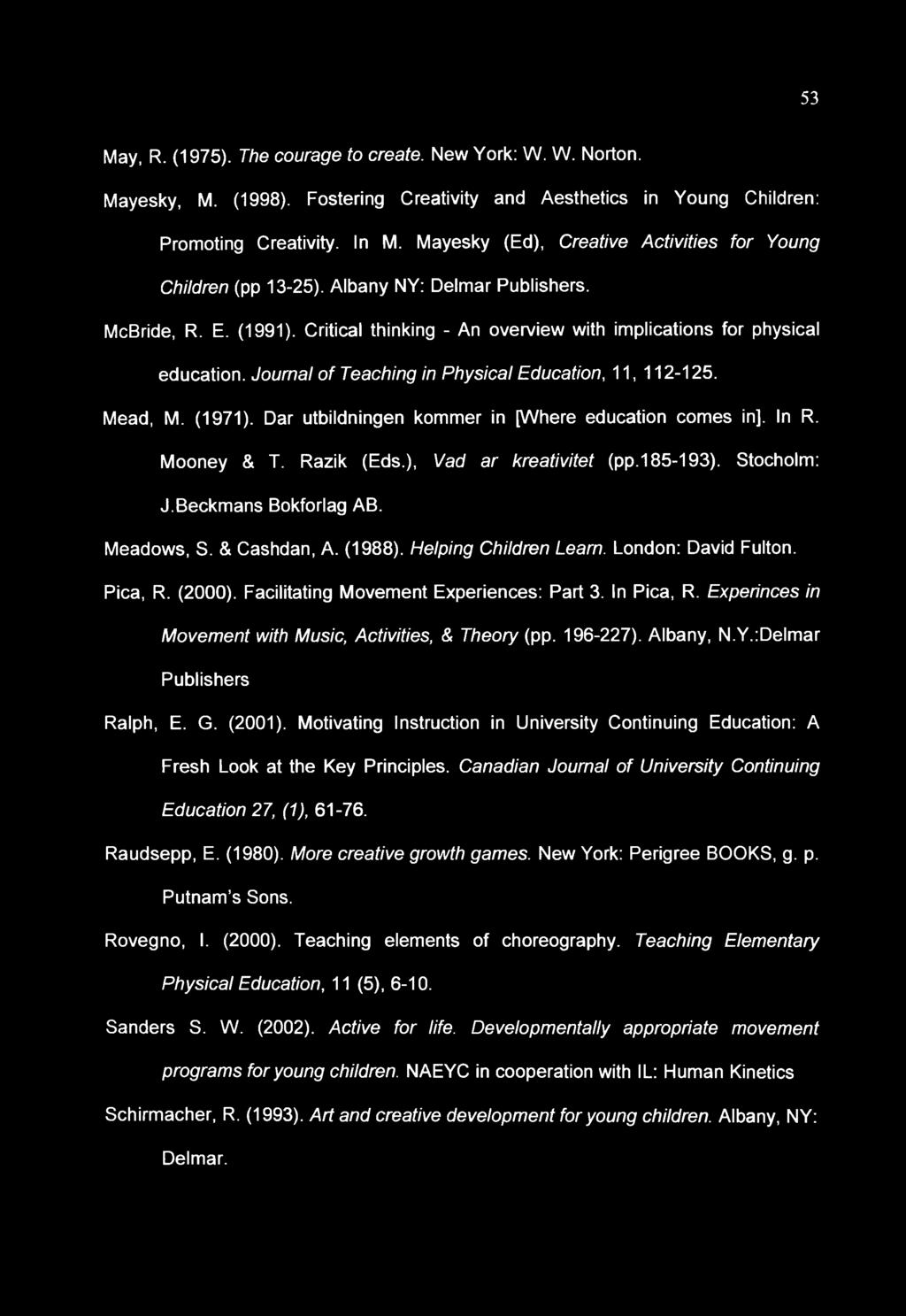 Journal of Teaching in Physical Education, 11, 112-125. Mead, M. (1971). Dar utbildningen kommer in [Where education comes in]. In R. Mooney & T. Razik (Eds.), Vad ar kreativitet (pp.185-193).