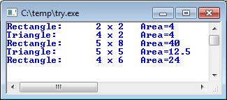 Γμήριεπ εικξμικέπ ρσμαοςήρειπ main() { int i; rectangle r1(2,2),r2(4,6),r3(5,8); triangle t1(4,2),t2(5,5); polygon *poly_ptr[5]; poly_ptr[0]=&r1;