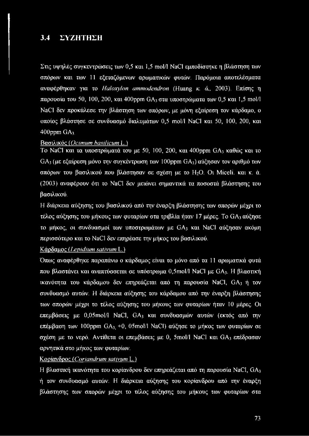 Επίσης η παρουσία του 50, 100, 200, και 400ppm GA3 στα υποστρώματα των 0,5 και 1,5 mol/1 NaCl δεν προκάλεσε την βλάστηση των σπόρων, με μόνη εξαίρεση τον κάρδαμο, ο οποίος βλάστησε σε συνδυασμό