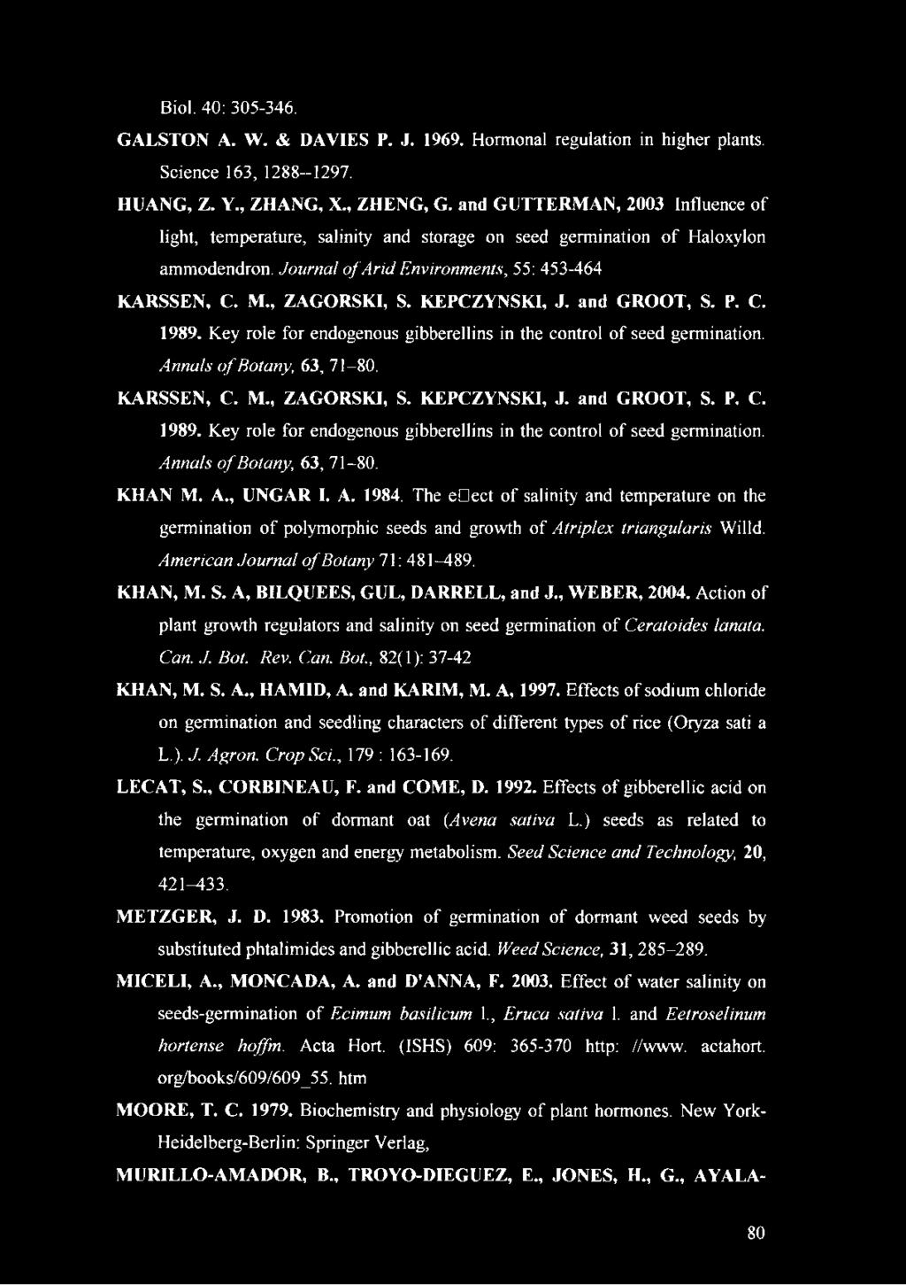 KEPCZYNSKI, J. and GROOT, S. P. C. 1989. Key role for endogenous gibberellins in the control of seed germination. Annals o f Botany, 63, 71-80. KARSSEN, C. M., ZAGORSKI, S. KEPCZYNSKI, J.