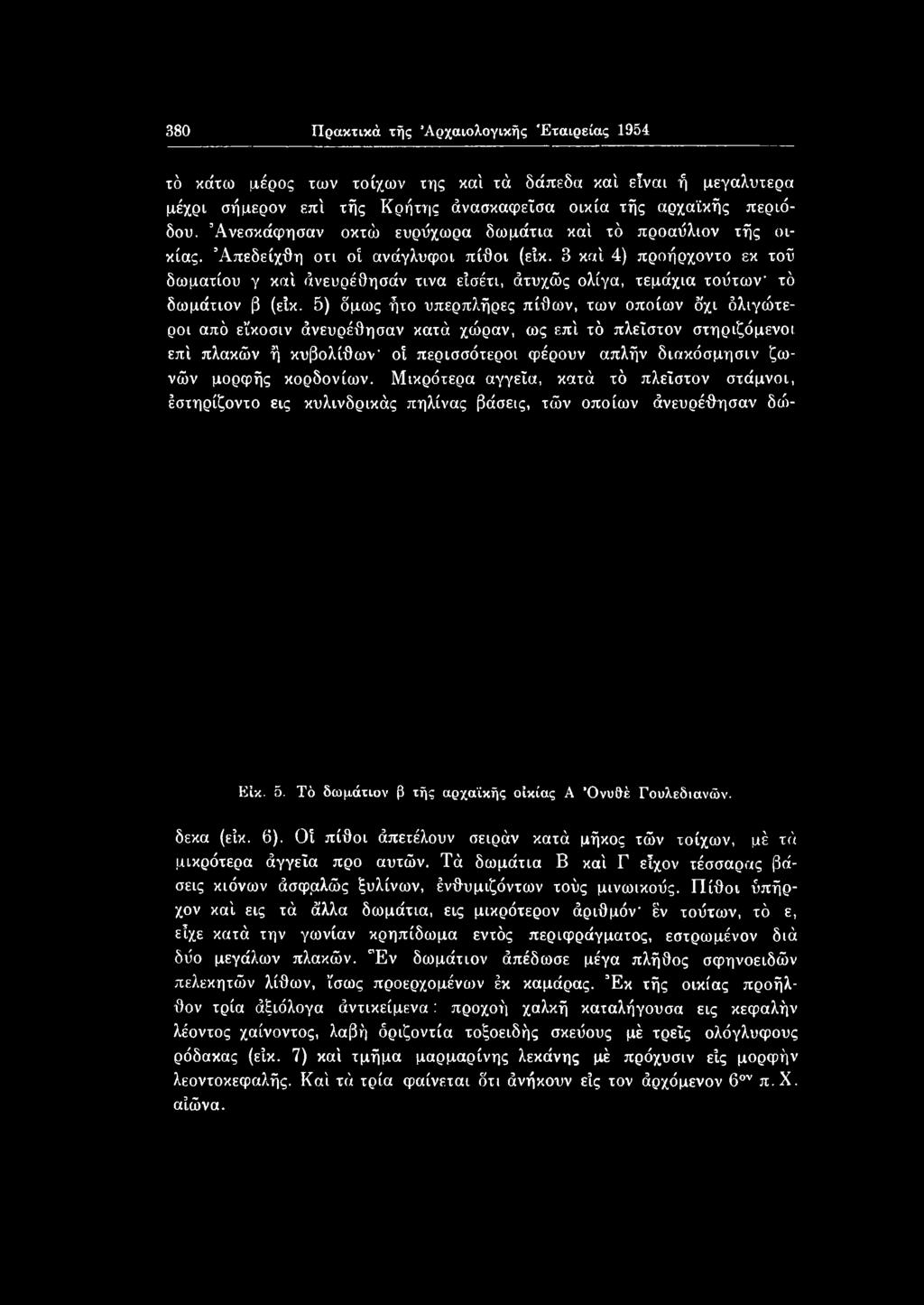 μορφής κορδονίων. Μικρότερα αγγεία, κατά τό πλεΐστον στάμνοι, έστηρίζοντο εις κυλινδρικός πηλίνας βάσεις, τών οποίων άνευρέθησάν δώ- Είκ. 5. Τό δωμάτιον β τής αρχαϊκής οικίας Α Όνυθέ Γουλεδιανών.