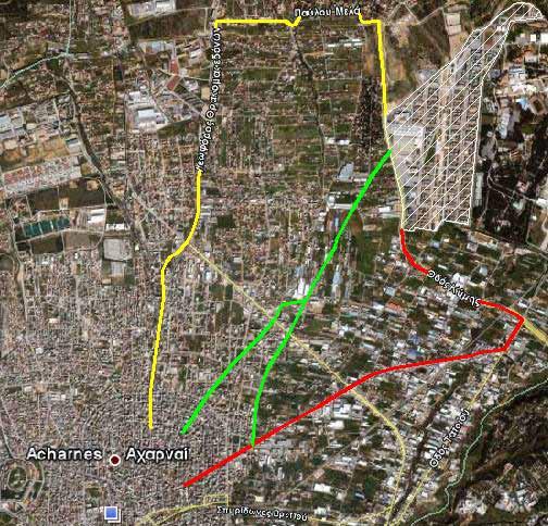 Εικόνα 5 Υφιστάµενες (κόκκινο & κίτρινο χρώµα) και προτεινόµενες (πράσινο χρώµα) διαδροµές σύνδεσης Μενιδίου - Ολυµπιακού Χωριού Είναι προφανές από το χάρτη ότι και οι δύο τρόποι απέχουν πολύ από το
