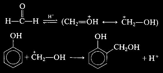 0 ii. όξινη αντίδραση Σε όξινο διάλυμα, το οξυγόνο της φορμαλδεΰδης πρωτονιώνεται και ακολουθεί ηλεκτρονιόφιλη αρωματική υποκατάσταση σε θέση ortho- ή para.