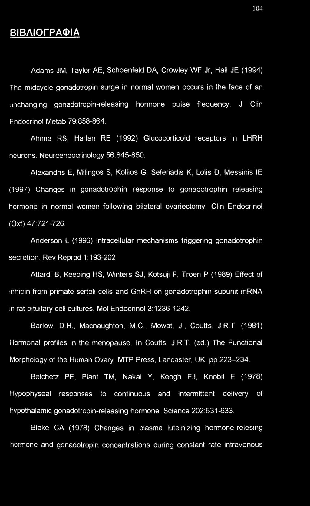 Alexandris E, Milingos S, Kollios G, Seferiadis K, Lolis D, Messinis IE (1997) Changes in gonadotrophin response to gonadotrophin releasing hormone in normal women following bilateral ovariectomy.