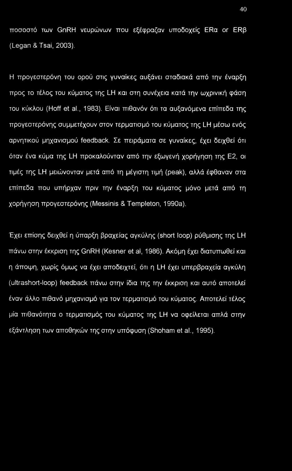 Είναι πιθανόν ότι τα αυξανόμενα επίπεδα της προγεστερόνης συμμετέχουν στον τερματισμό του κύματος της LH μέσω ενός αρνητικού μηχανισμού feedback.