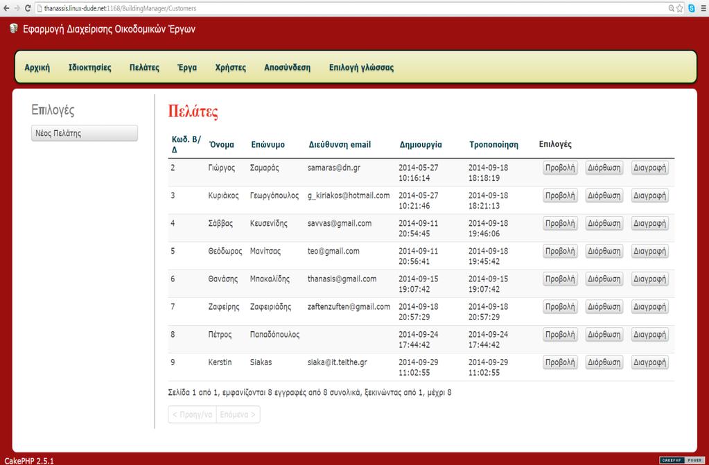 2.2.4 Πελάτες [Επισκέπτης] Πρέπει να προηγούνται της προσθήκης ιδιοκτησίας, γιατί αποτελούν τους ιδιοκτήτες Στο μενού πατάμε: Πελάτες και εμφανίζεται η παραπάνω λίστα όλων των καταχωρημένων πελατών.