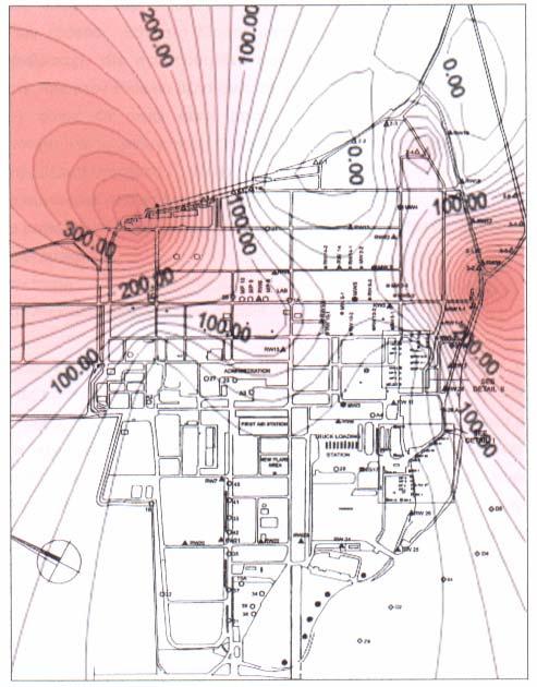 Η εκτιµώµενη κατανοµή ΤΡΗ στον χώρο του διυλιστηρίου φαίνεται στο Χάρτη 3-7. Χάρτης 3-7: Η εκτιµώµενη κατανοµή ΤΡΗ στον χώρο του διυλιστηρίου.