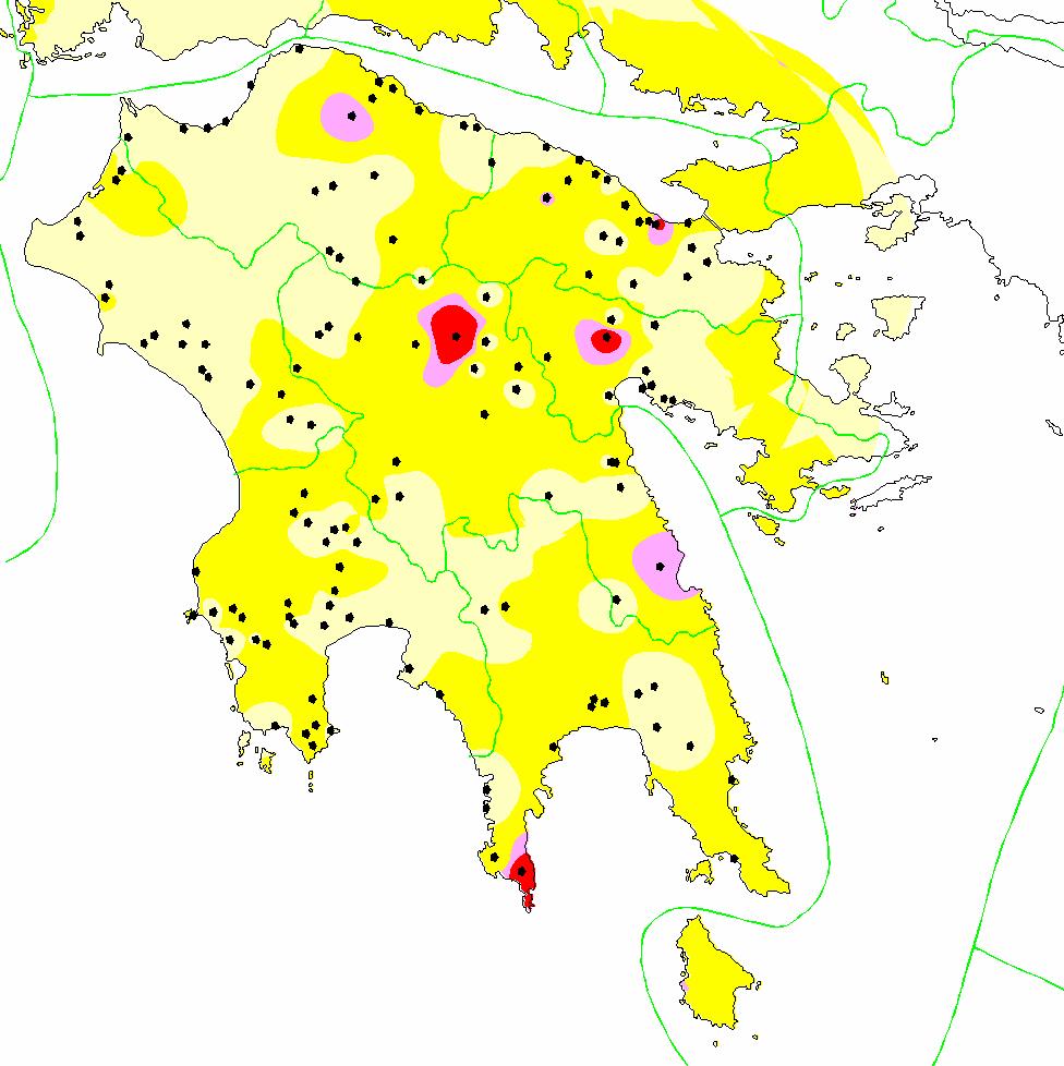 Σχήµα 6-4: Χάρτης συγκεντρώσεων 222 Rn σε εσωτερικούς χώρους στην Πελοπόννησο 222Rn [Bq/m 3 ] Mapping of Peloponnese (Indoors)