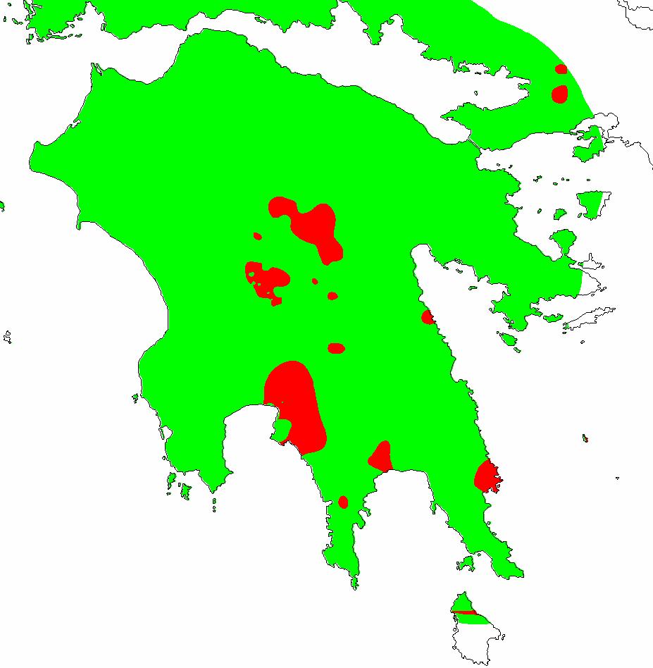 Σχήµα 6-6: Σύγκριση χαρτών ραδίου ( 226 Ra) και ραδονίου ( 222 Rn) Κλάσεις: 0 20 Bq/Kg 20 33 Bq/Kg 33 50 Bq/Kg 50 και άνω Bq/Kg Πράσινο:
