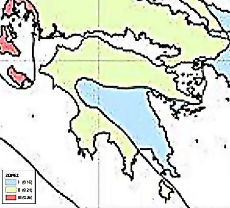Σχήµα 6-7: Χάρτης ζωνών σεισµικής επικινδυνότητας για το γεωγραφικό διαµέρισµα της Πελοποννήσου Ο Ελληνικός χώρος κατανέµεται σε 3 ζώνες σεισµικής επικινδυνότητας (Ι, ΙΙ, ΙΙΙ), µε