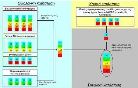 Η διαδικασία ταξινόμησης της συνολικής κατάστασης των επιφανειακών υδατικών συστημάτων βασίζεται στην συναξιολόγηση της οικολογικής κατάστασης και της χημικής κατάστασης.