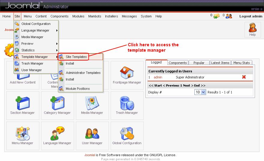 Πατήστε Continue για να µεταφερθείτε στον template manager από όπου θα µπορείτε να επιλέξετε το template το οποίο θα εφαρµόσετε στο site σας επιλέγοντας το και πατώντας το κουµπί Default από την