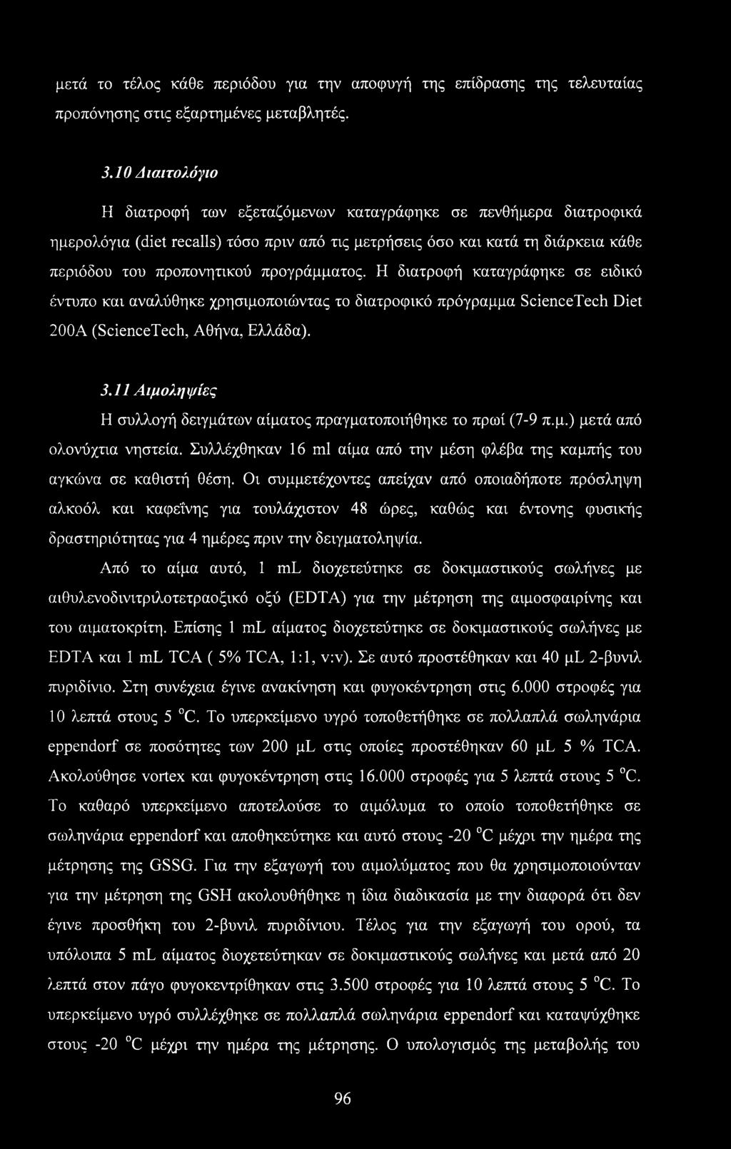 προγράμματος. Η διατροφή καταγράφηκε σε ειδικό έντυπο και αναλύθηκε χρησιμοποιώντας το διατροφικό πρόγραμμα ScienceTech Diet 200Α (ScienceTech, Αθήνα, Ελλάδα). 3.