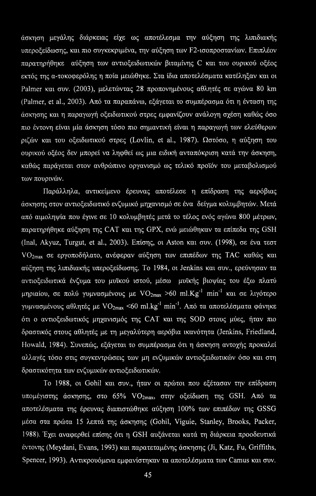 (2003), μελετώντας 28 προπονημένους αθλητές σε αγώνα 80 km (Palmer, et al., 2003).