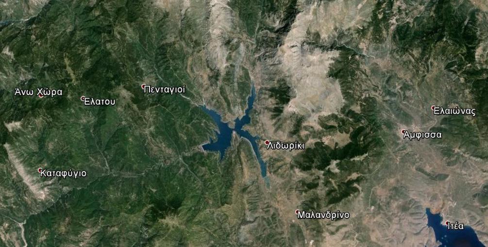 3 Περιοχή μελέτης 3.1 Επιλογή περιοχής μελέτης Σχήμα 3.1 : Η περιοχή μελέτης του Μόρνου Η τεχνητή λίμνη του Μόρνου δημιουργήθηκε το 1979 με την κατασκευή του φράγματος στον ομώνυμο ποταμό.