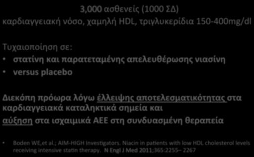 AIM0HIGH(TRIAL( 3,000ασθενείς(1000ΣΔ) καρδιαγγειακήνόσο,χαμηλήhdl,τριγλυκερίδια150;400mg/dl Τυχαιοποίησησε: στατίνη(και(παρατεταμένης(απελευθέρωσης(νιασίνη(( versus(placebo(